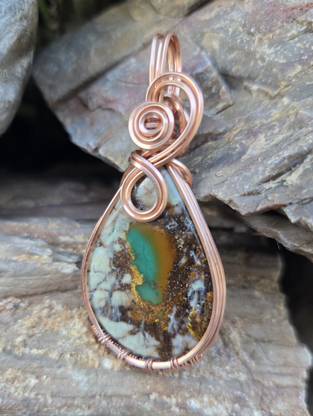 Royston Turquoise Copper Wire Wrapped Pendant Boho Necklace